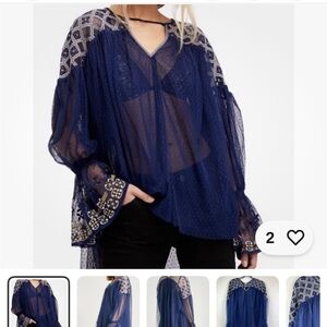 Free People Sheer Lace Navy Blouse